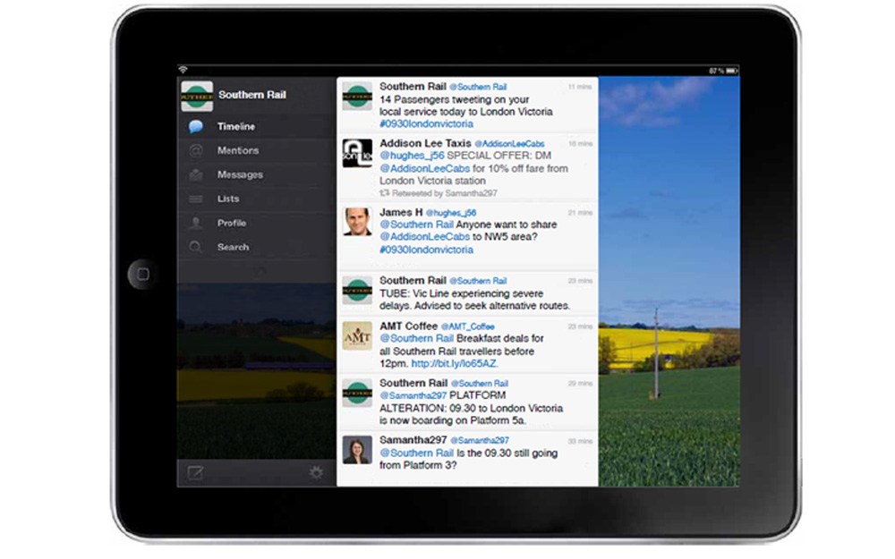 A tablet showing a twitter feed